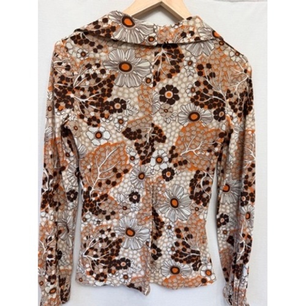 Vintage 70s Brown Orange Floral Dagger Collar Zip Back Top Small - Picture 3 of 5
